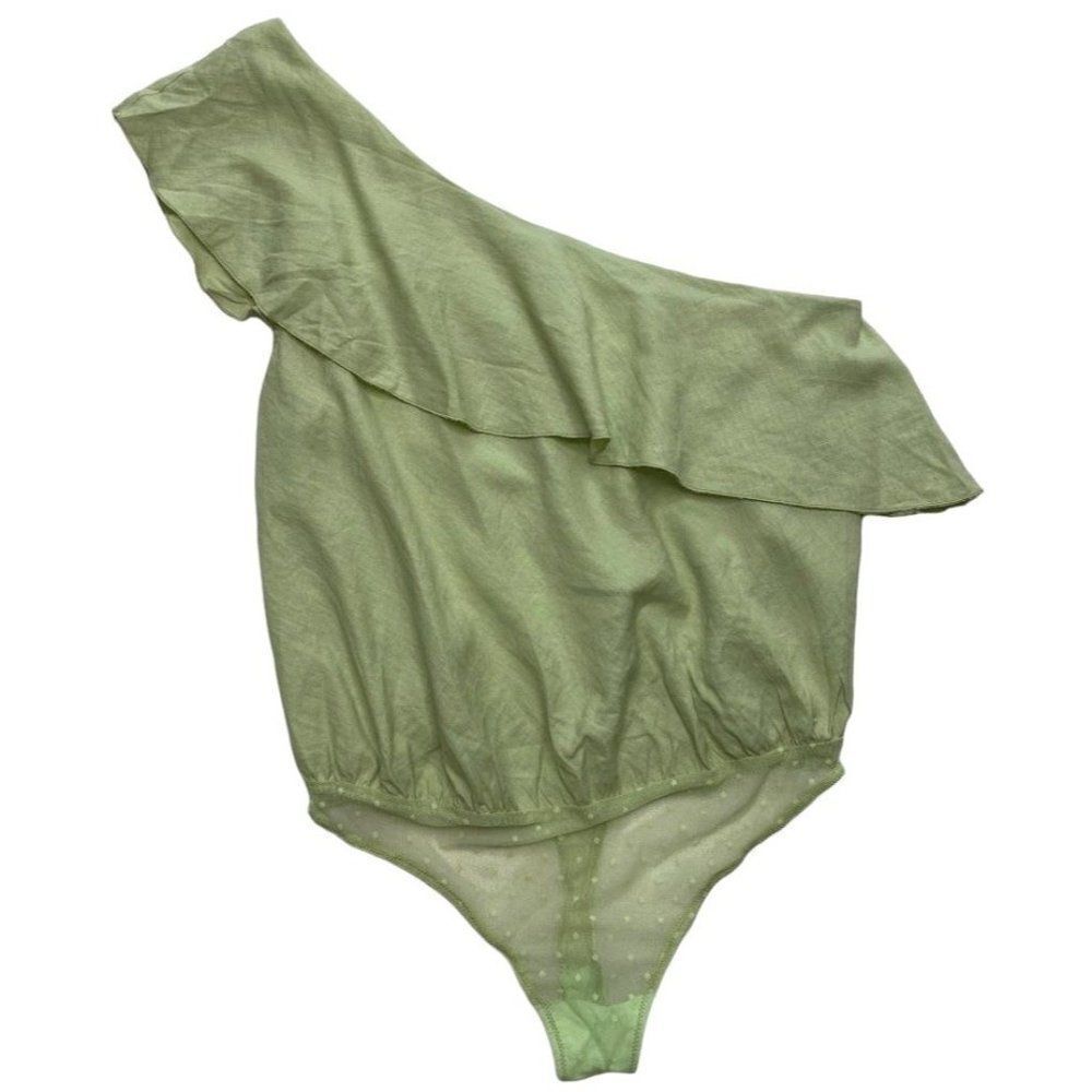 Free People One Shoulder Thong Bodysuit‎ Top Women's SMALL Green Ruffled NEW
